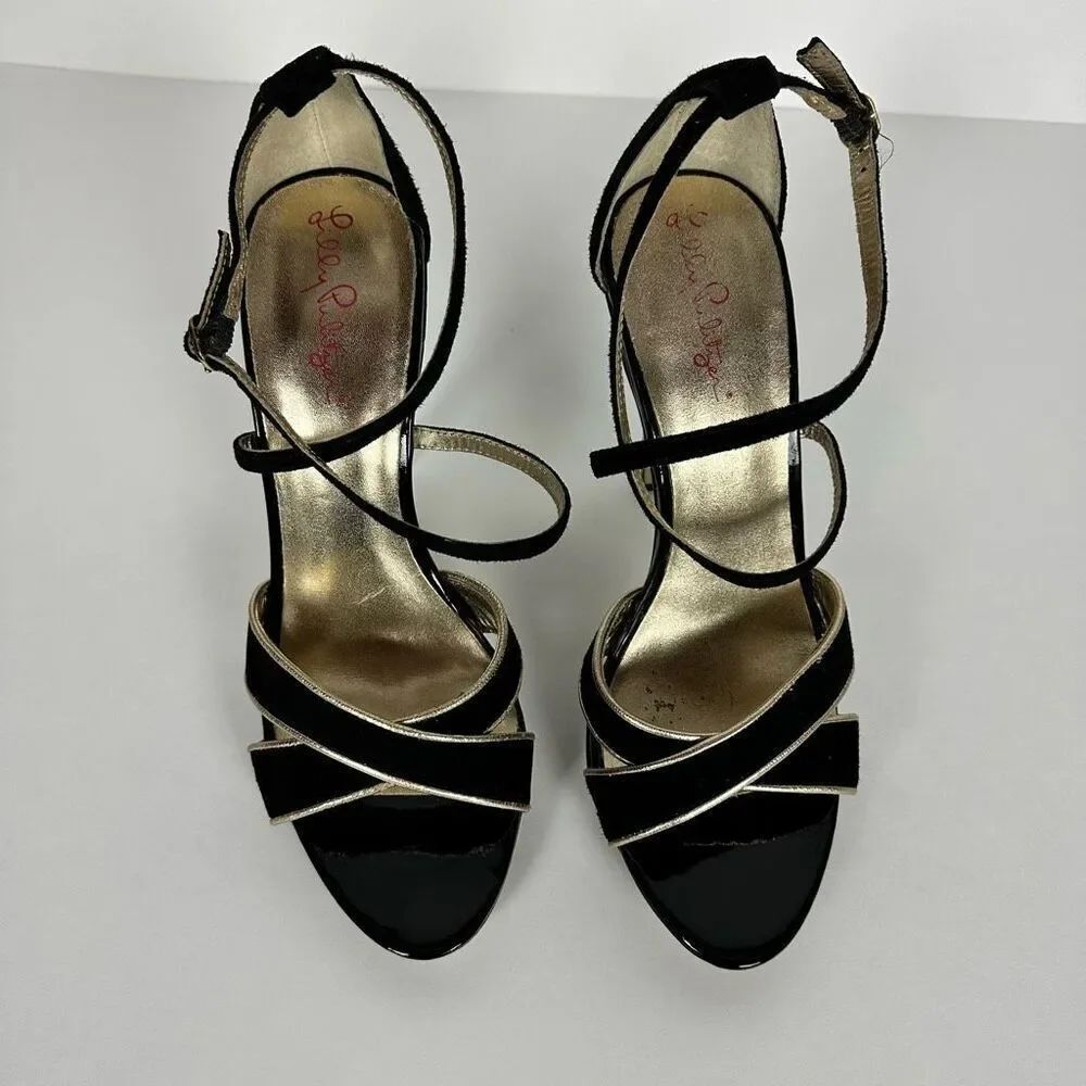 Lilly Pulitzer Bella Black Gold Strappy Heel size 7.5M